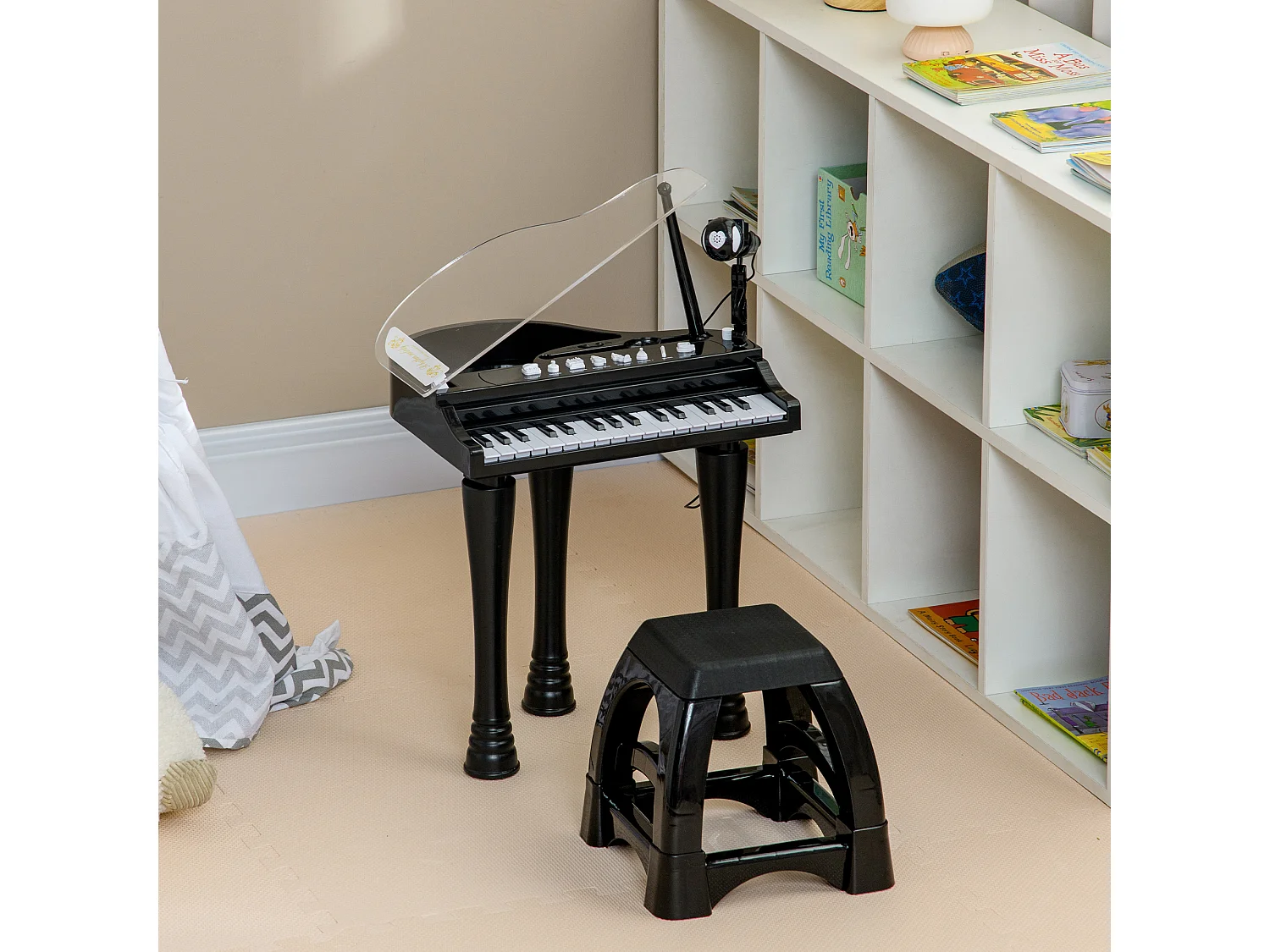 Jouet musical piano électronique - tabouret, micro et support - clavier 37 touches, effet lumineux, nombreux modes - PP noir