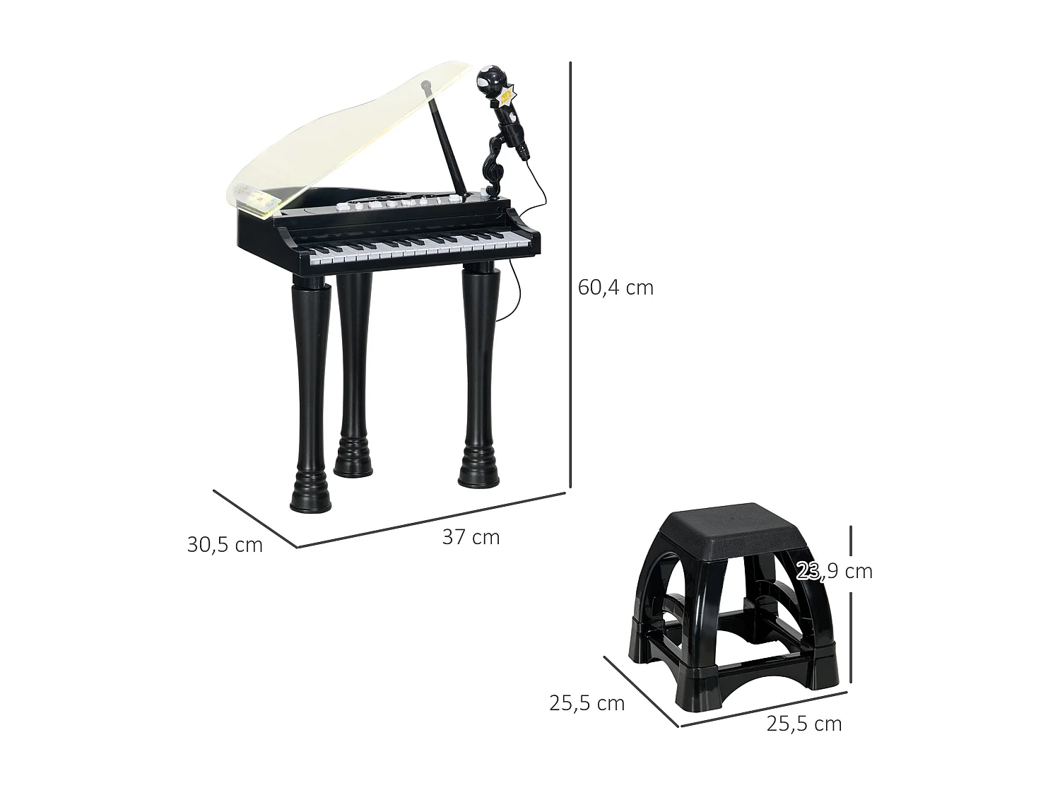 Jouet musical piano électronique - tabouret, micro et support - clavier 37 touches, effet lumineux, nombreux modes - PP noir