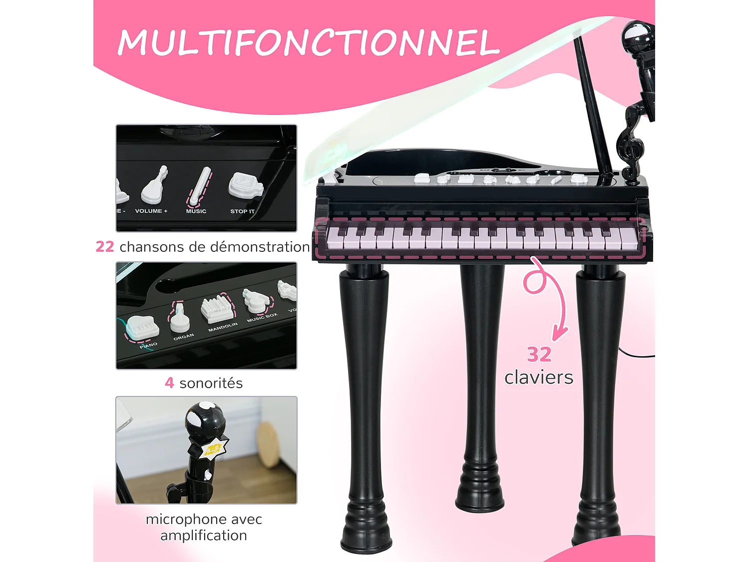 Jouet musical piano électronique - tabouret, micro et support - clavier 37 touches, effet lumineux, nombreux modes - PP noir