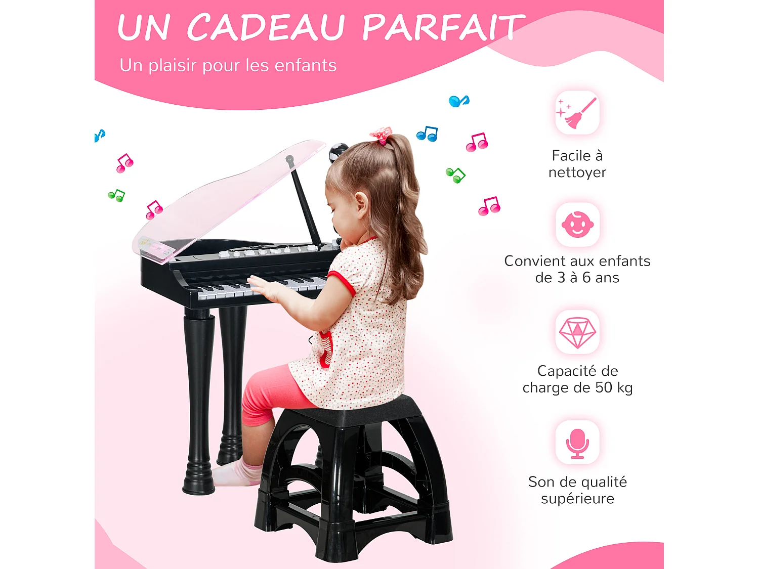 Jouet musical piano électronique - tabouret, micro et support - clavier 37 touches, effet lumineux, nombreux modes - PP noir