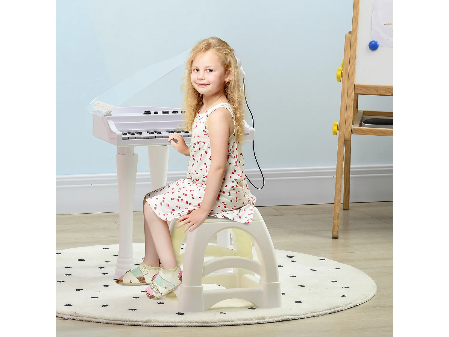 Jouet musical piano électronique - tabouret, micro et support - clavier 37 touches, effet lumineux, nombreux modes - PP blanc