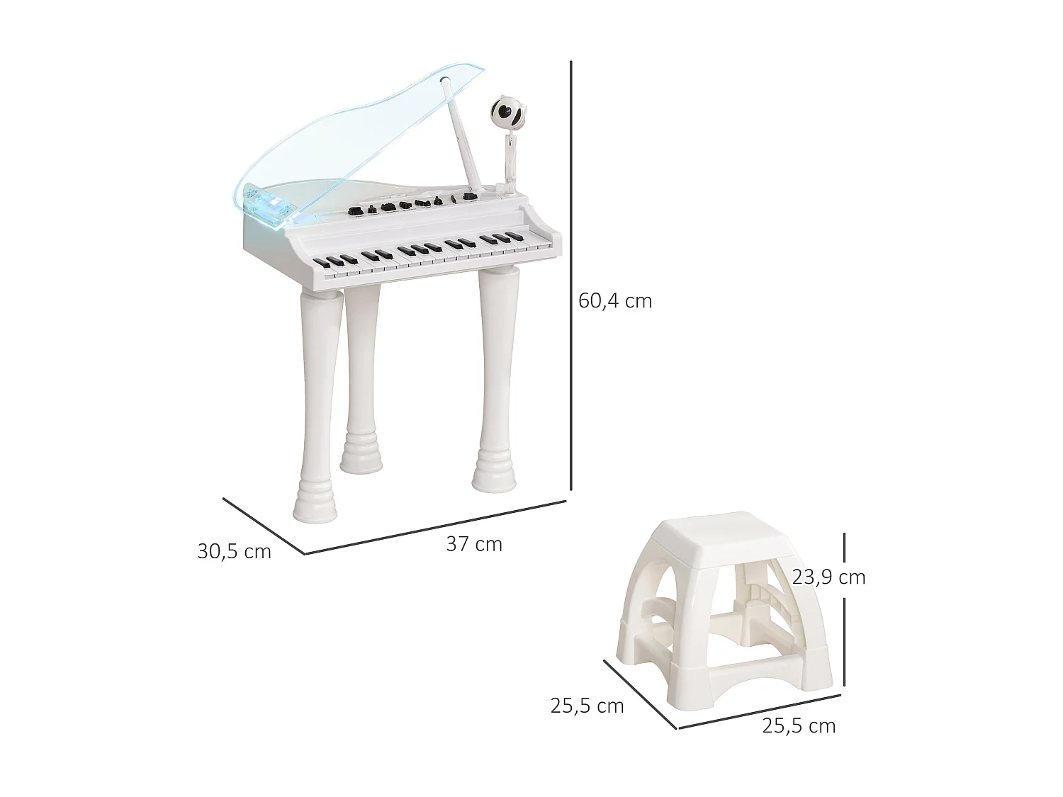 Jouet musical piano électronique - tabouret, micro et support - clavier 37 touches, effet lumineux, nombreux modes - PP blanc