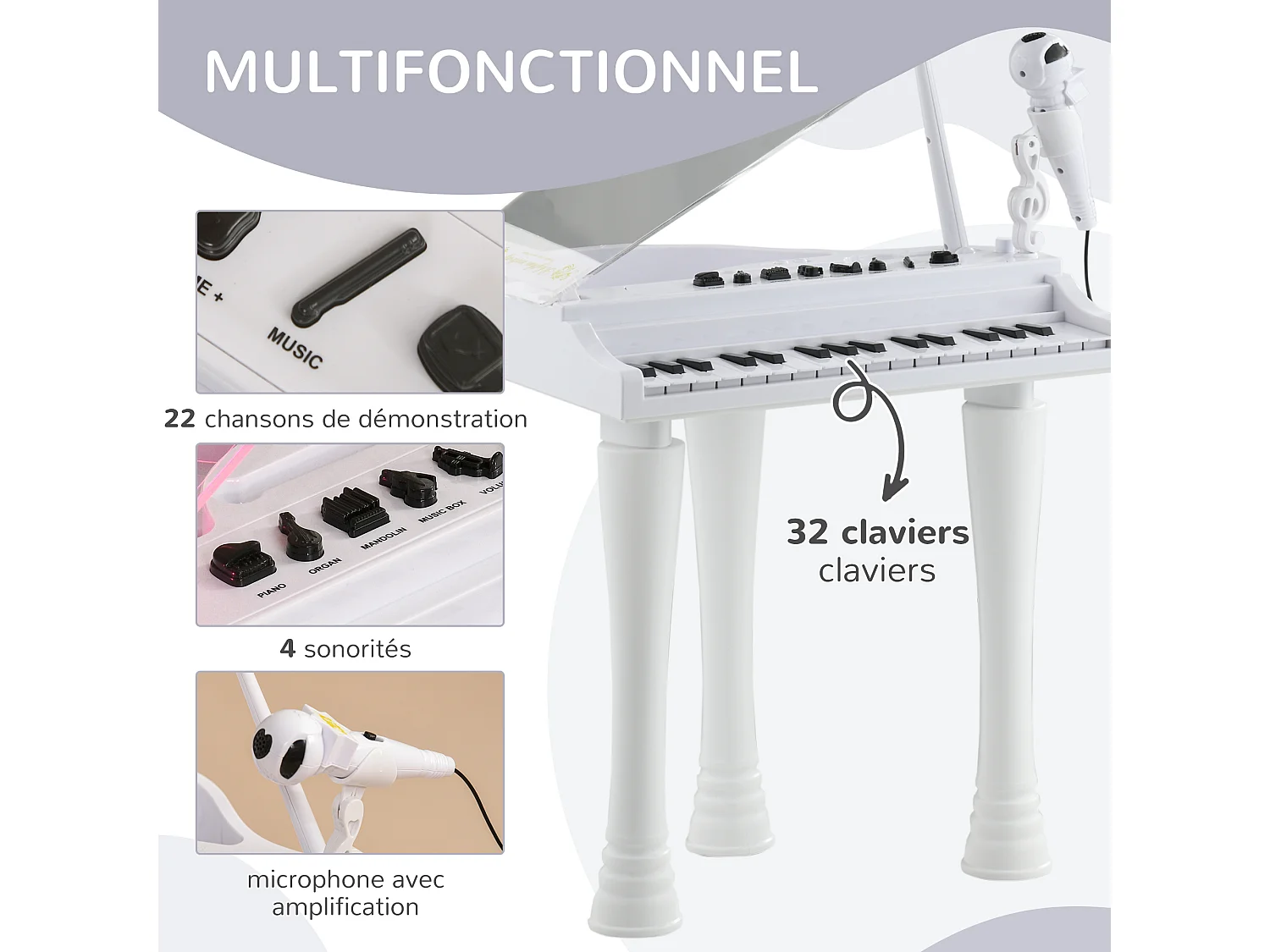 Jouet musical piano électronique - tabouret, micro et support - clavier 37 touches, effet lumineux, nombreux modes - PP blanc