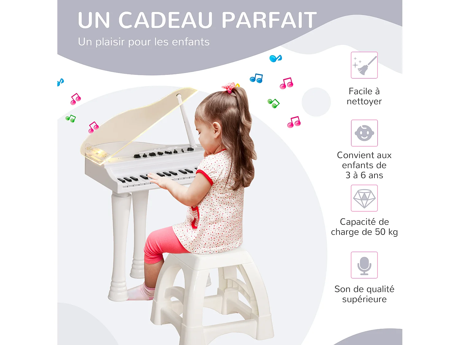 Jouet musical piano électronique - tabouret, micro et support - clavier 37 touches, effet lumineux, nombreux modes - PP blanc