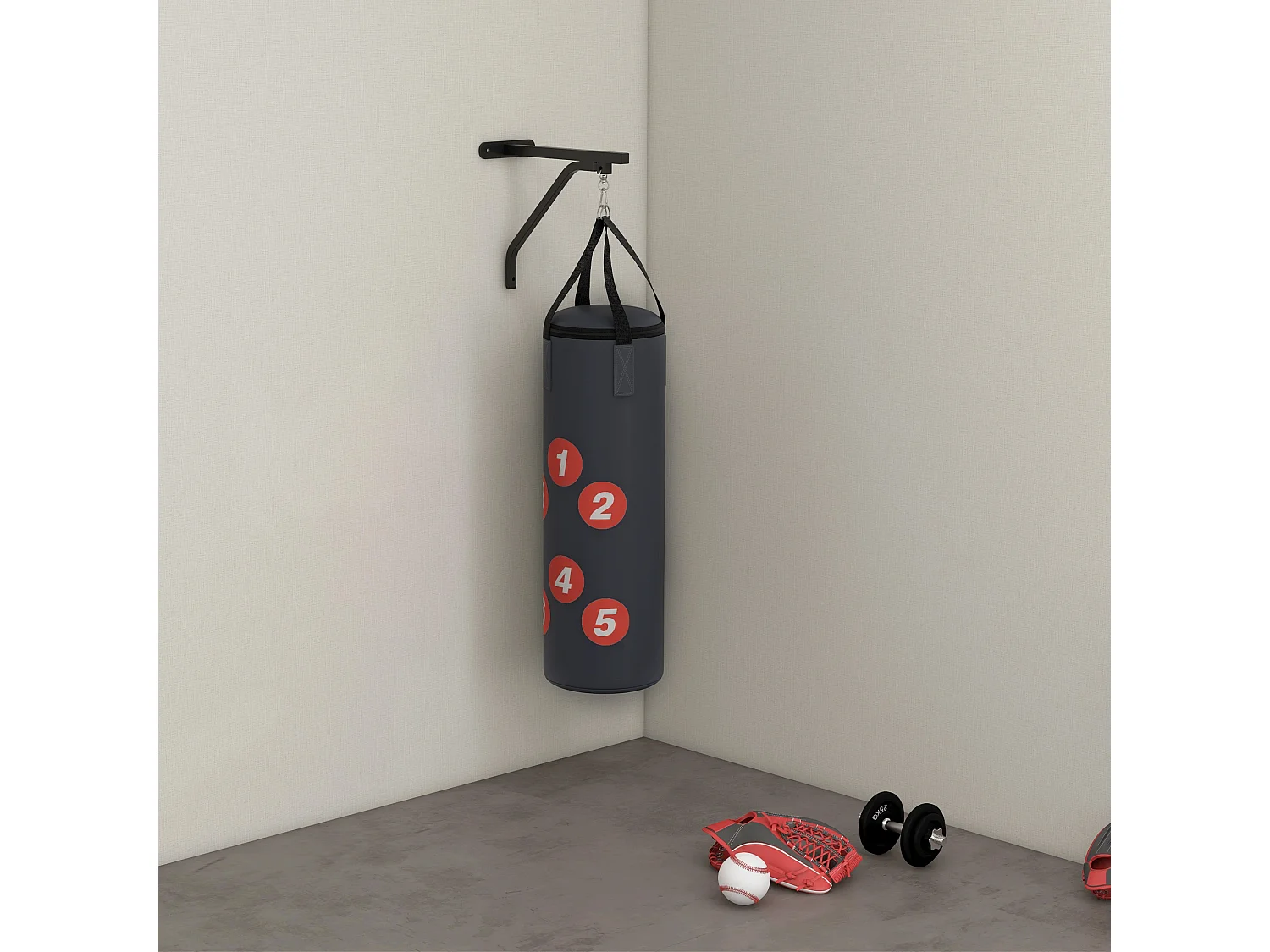 Sac de frappe boxe - support mural, crochet pivotant, gants, bandes inclus - à remplir - acier PU rouge gris