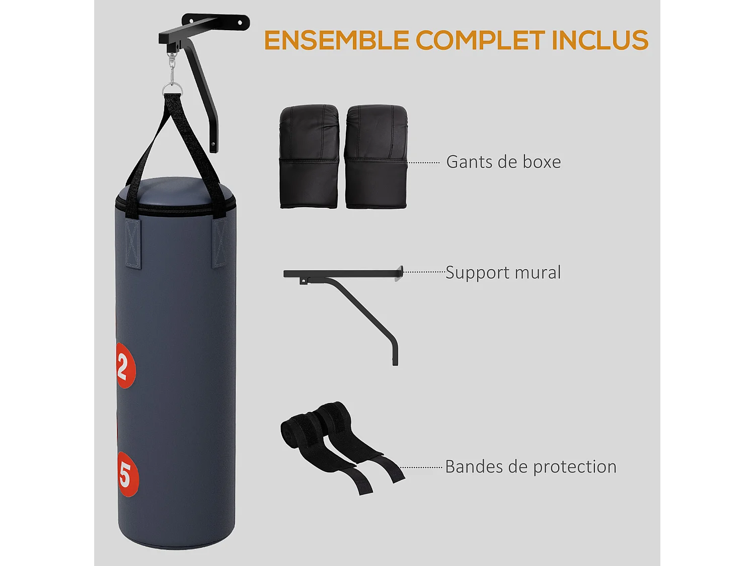 Sac de frappe boxe - support mural, crochet pivotant, gants, bandes inclus - à remplir - acier PU rouge gris