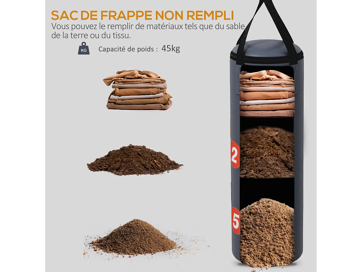 Sac de frappe boxe - support mural, crochet pivotant, gants, bandes inclus - à remplir - acier PU rouge gris