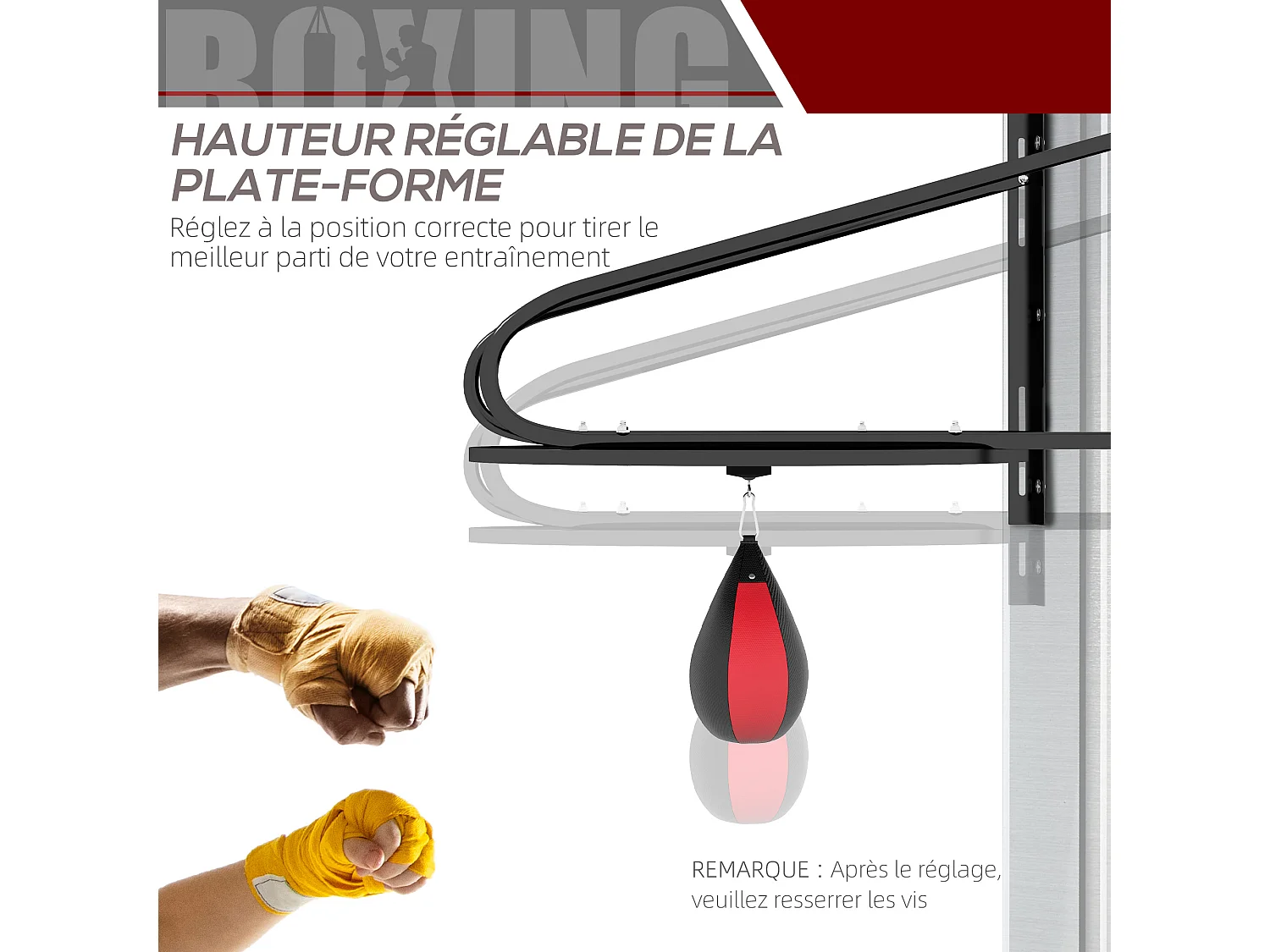 Punching ball poire de vitesse boxe avec support plateau tournant + pompe MDF acier revêtement synthétique rouge noir