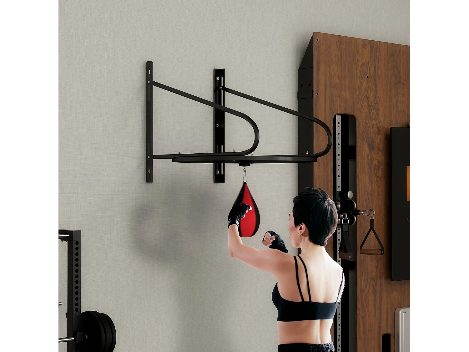 Punching ball poire de vitesse boxe avec support plateau tournant + pompe MDF acier revêtement synthétique rouge noir