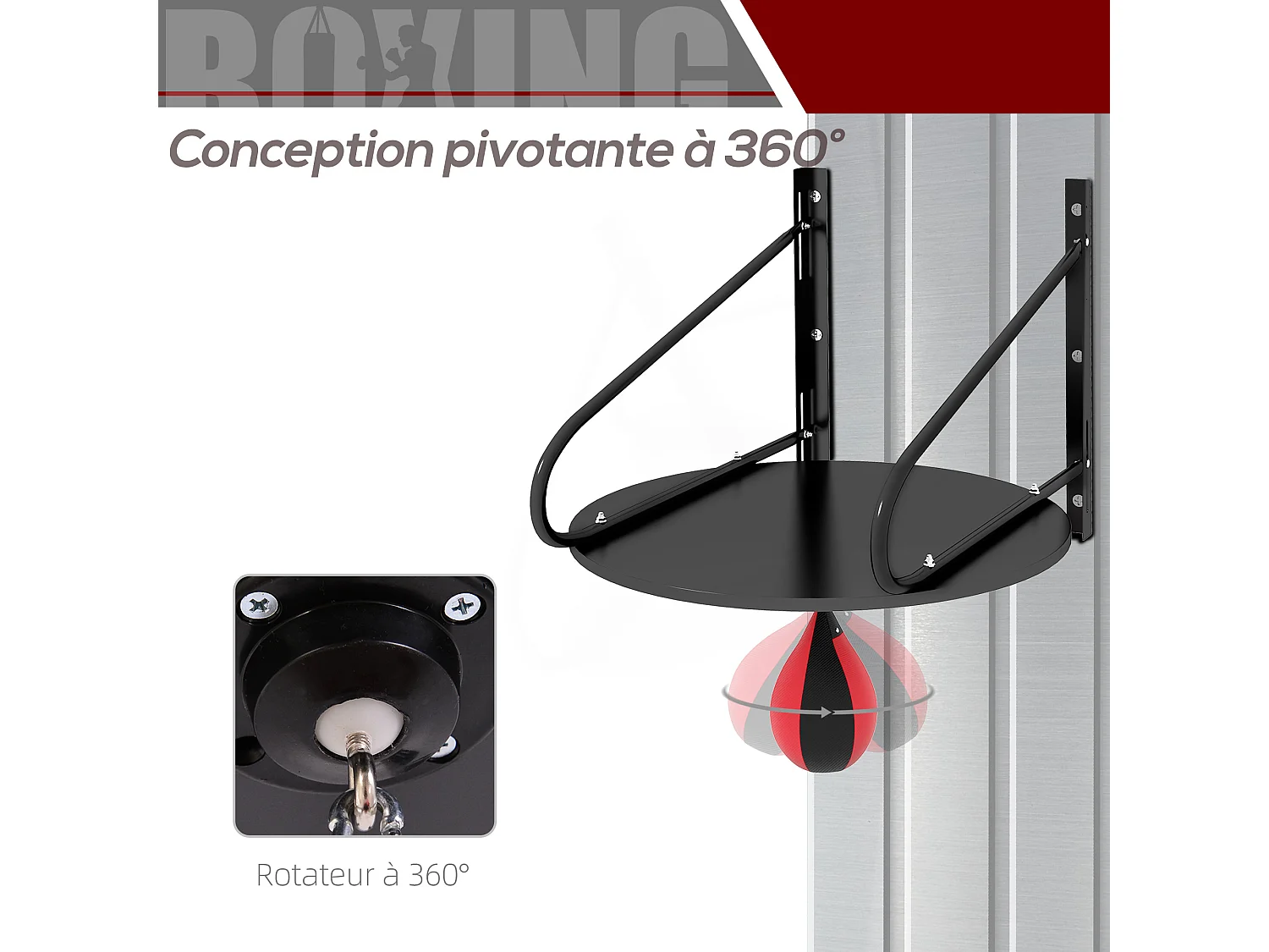 Punching ball poire de vitesse boxe avec support plateau tournant + pompe MDF acier revêtement synthétique rouge noir