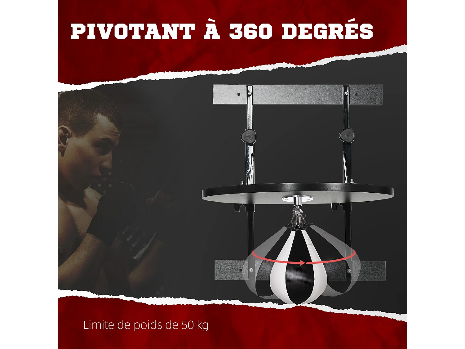 Poire de vitesse boxe pivotante 360° - crochet, pompe inclus - acier PU noir blanc