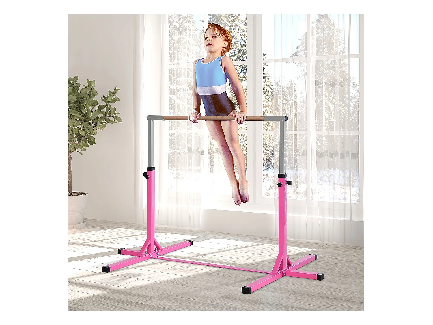Barre fixe de gymnastique enfant - barre de gymnastique hauteur réglable 13 niveaux 92 à 150 cm - acier rose bois massif hêtre