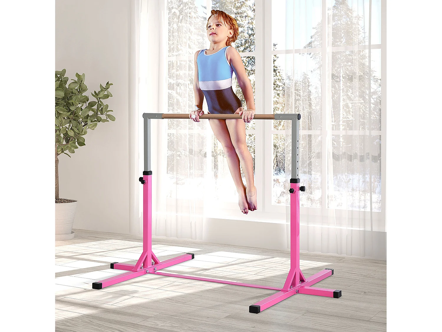 Barre fixe de gymnastique enfant - barre de gymnastique hauteur réglable 13 niveaux 92 à 150 cm - acier rose bois massif hêtre