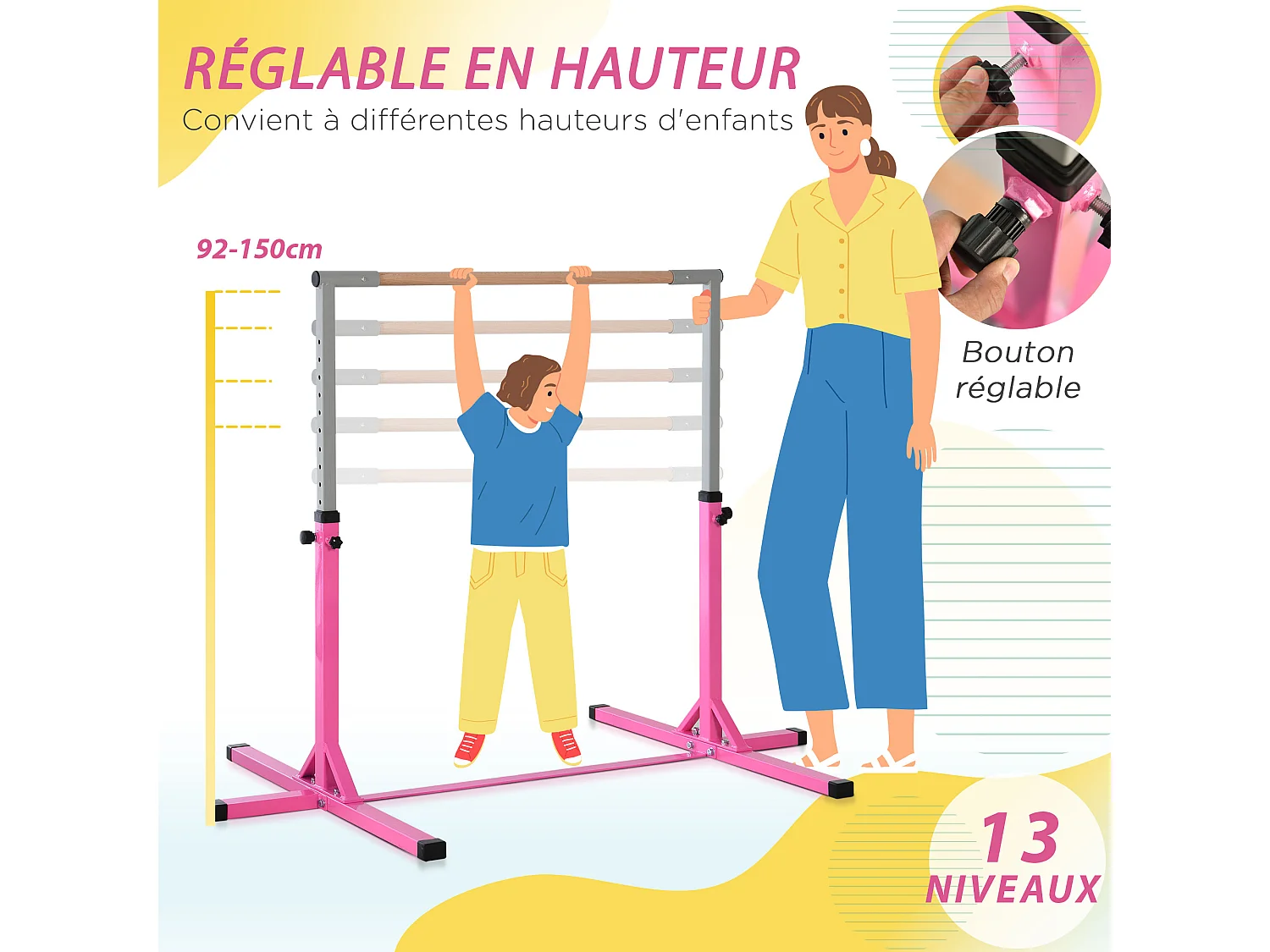 Barre fixe de gymnastique enfant - barre de gymnastique hauteur réglable 13 niveaux 92 à 150 cm - acier rose bois massif hêtre
