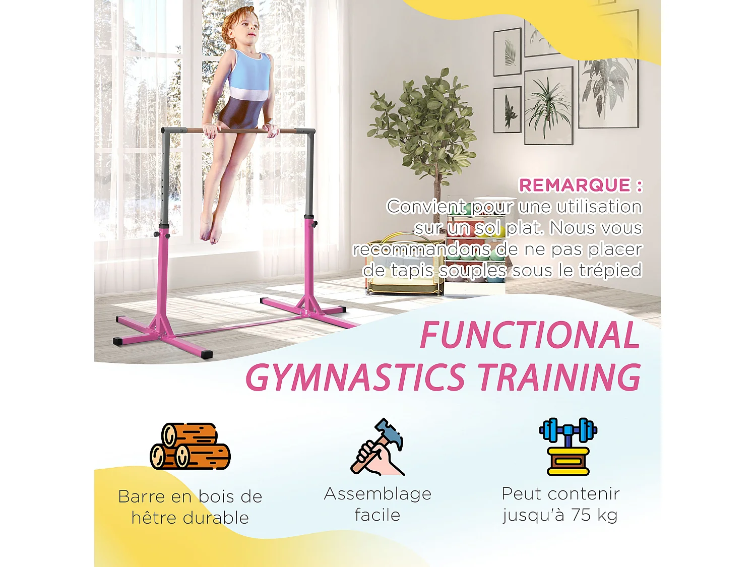 Barre fixe de gymnastique enfant - barre de gymnastique hauteur réglable 13 niveaux 92 à 150 cm - acier rose bois massif hêtre