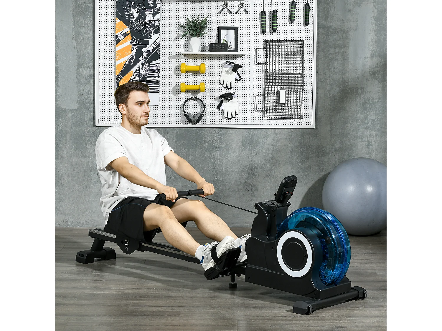 Rameur à eau pliable - rameur d'appartement résistance hydraulique 6 niv. - écran LCD multifonction support iPad - bleu noir