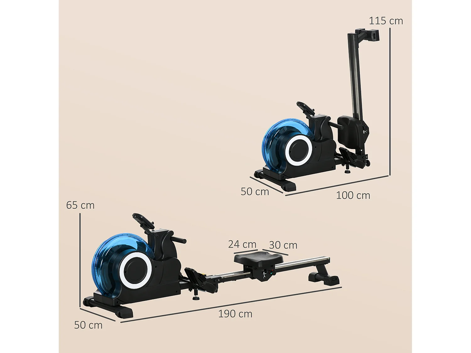 Rameur à eau pliable - rameur d'appartement résistance hydraulique 6 niv. - écran LCD multifonction support iPad - bleu noir
