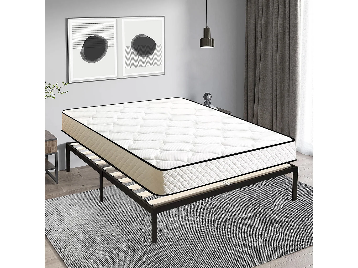 Lit Ensemble Matelas et Sommier 140x200 cm - Matelas 140x200x15cm Mousse - Sommier 140x200cm avec Pieds  (Deux colis)