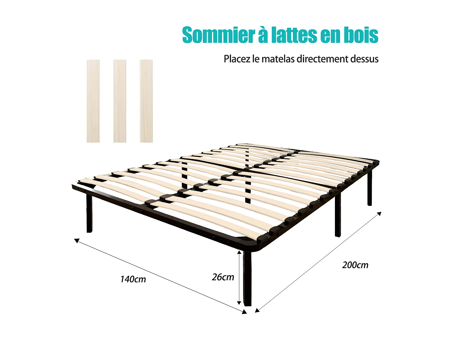 Lit Ensemble Matelas et Sommier 140x200 cm - Matelas 140x200x15cm Mousse - Sommier 140x200cm avec Pieds  (Deux colis)