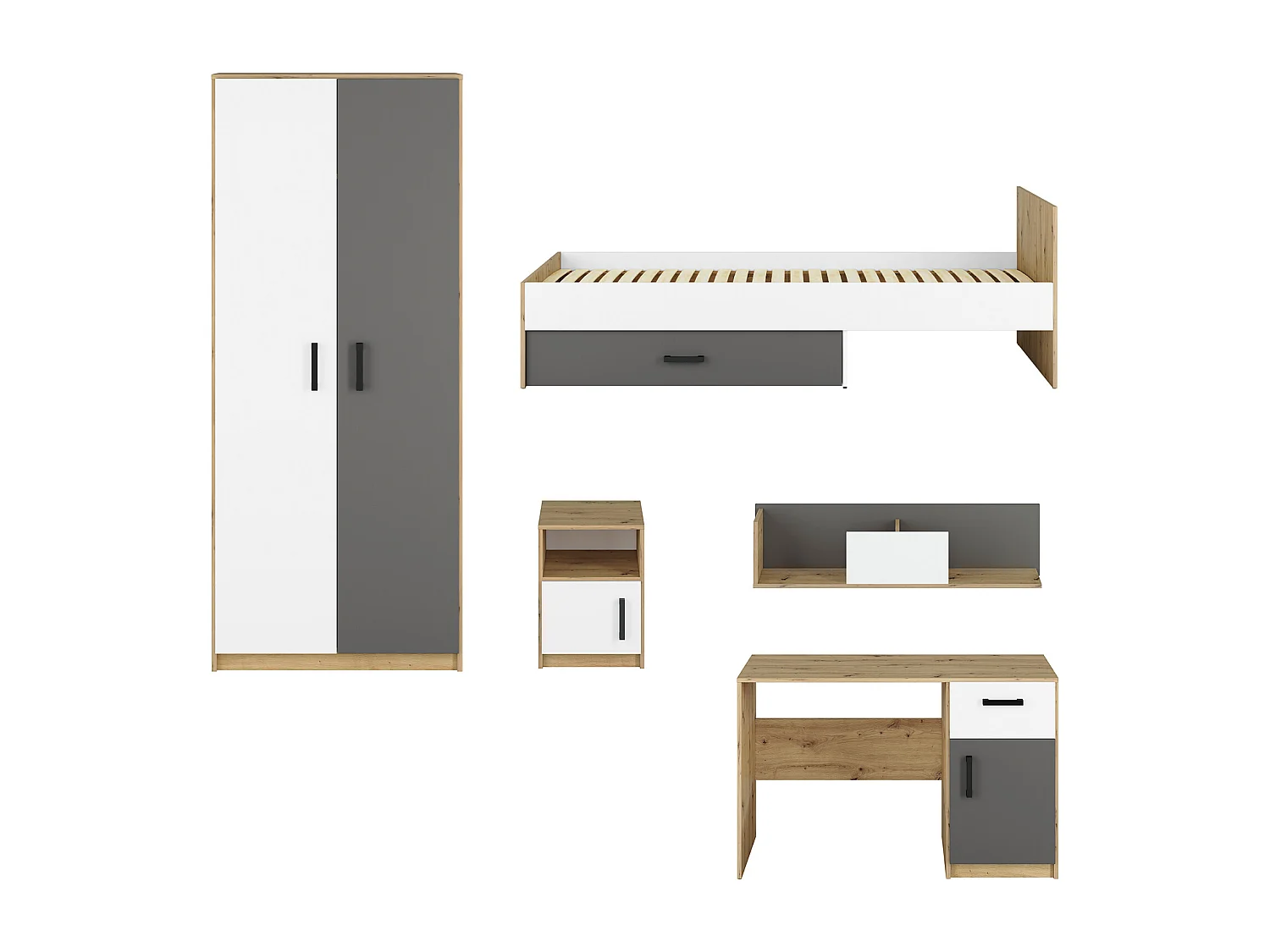 KINDERZIMMER-SET Fini Artisan Eiche / weiß / anthrazit 5-teilig