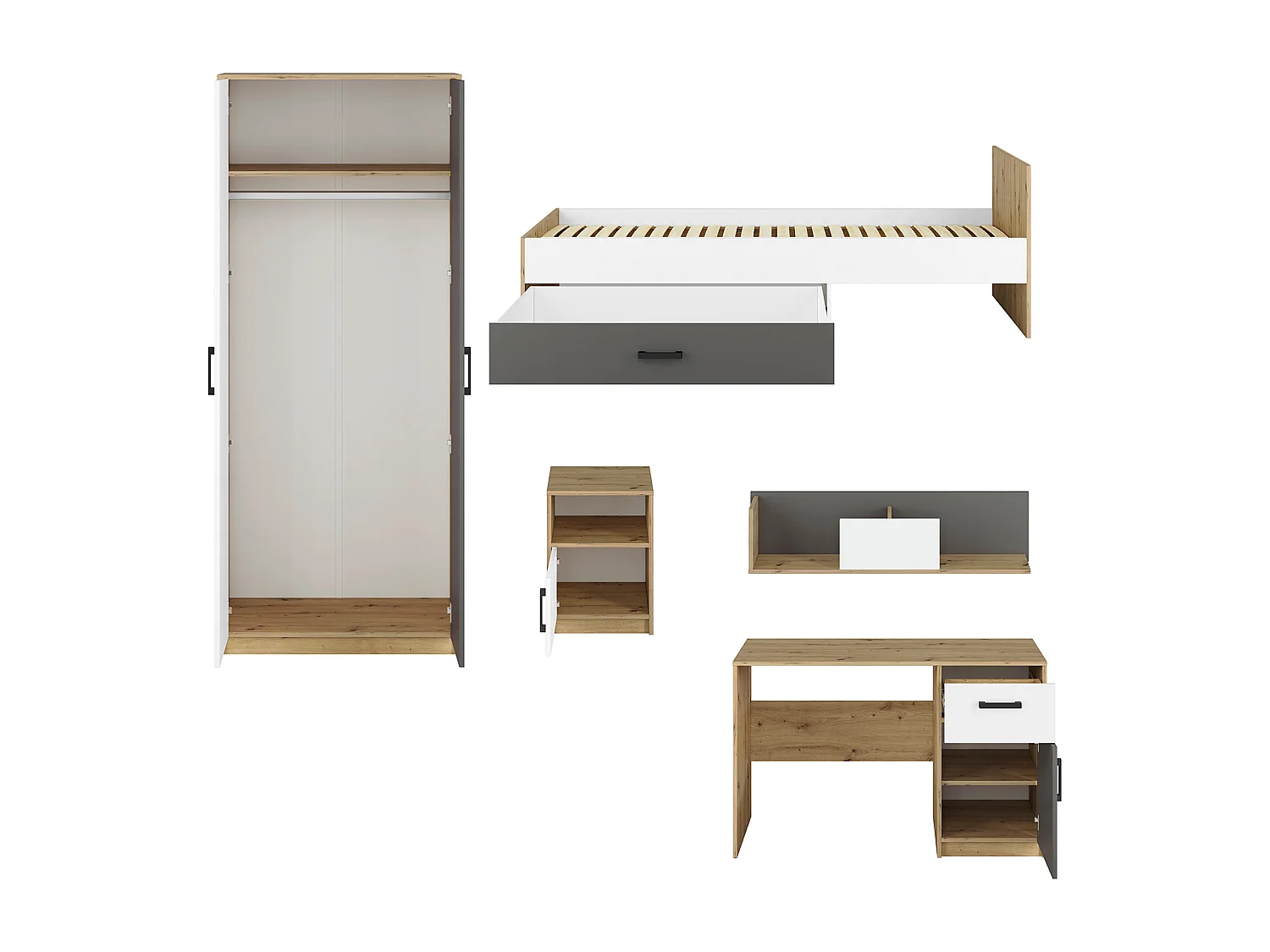 KINDERZIMMER-SET Fini Artisan Eiche / weiß / anthrazit 5-teilig