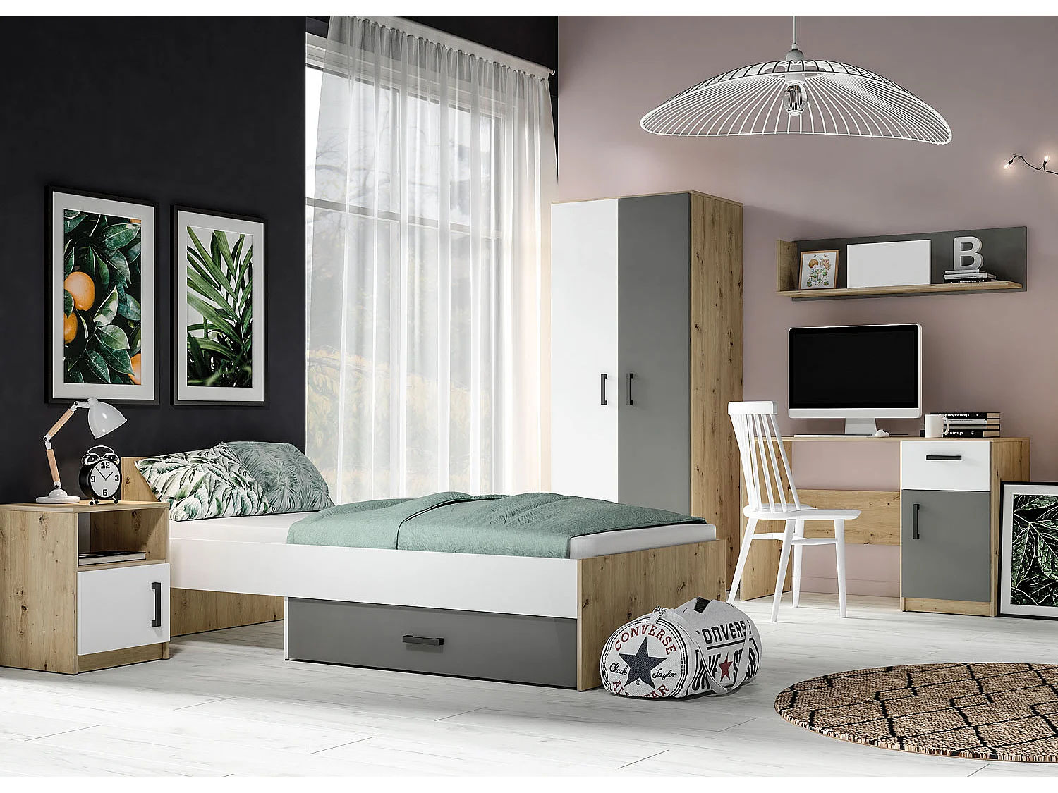 KINDERZIMMER-SET Fini Artisan Eiche / weiß / anthrazit 5-teilig