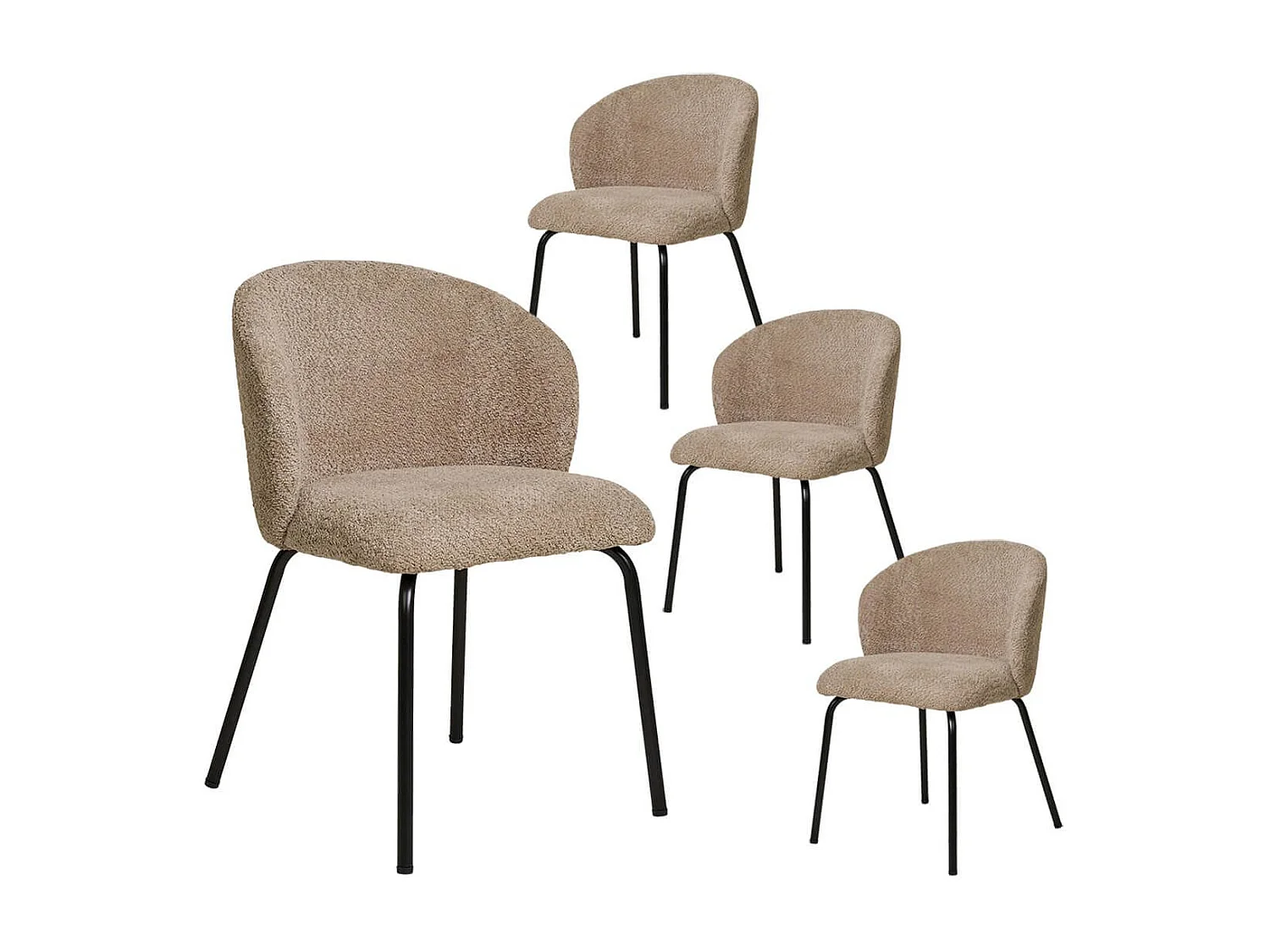 DALIDA - Lot de 4 Chaises Incurvées Tissu Bouclé Beige Pieds Métal Noir