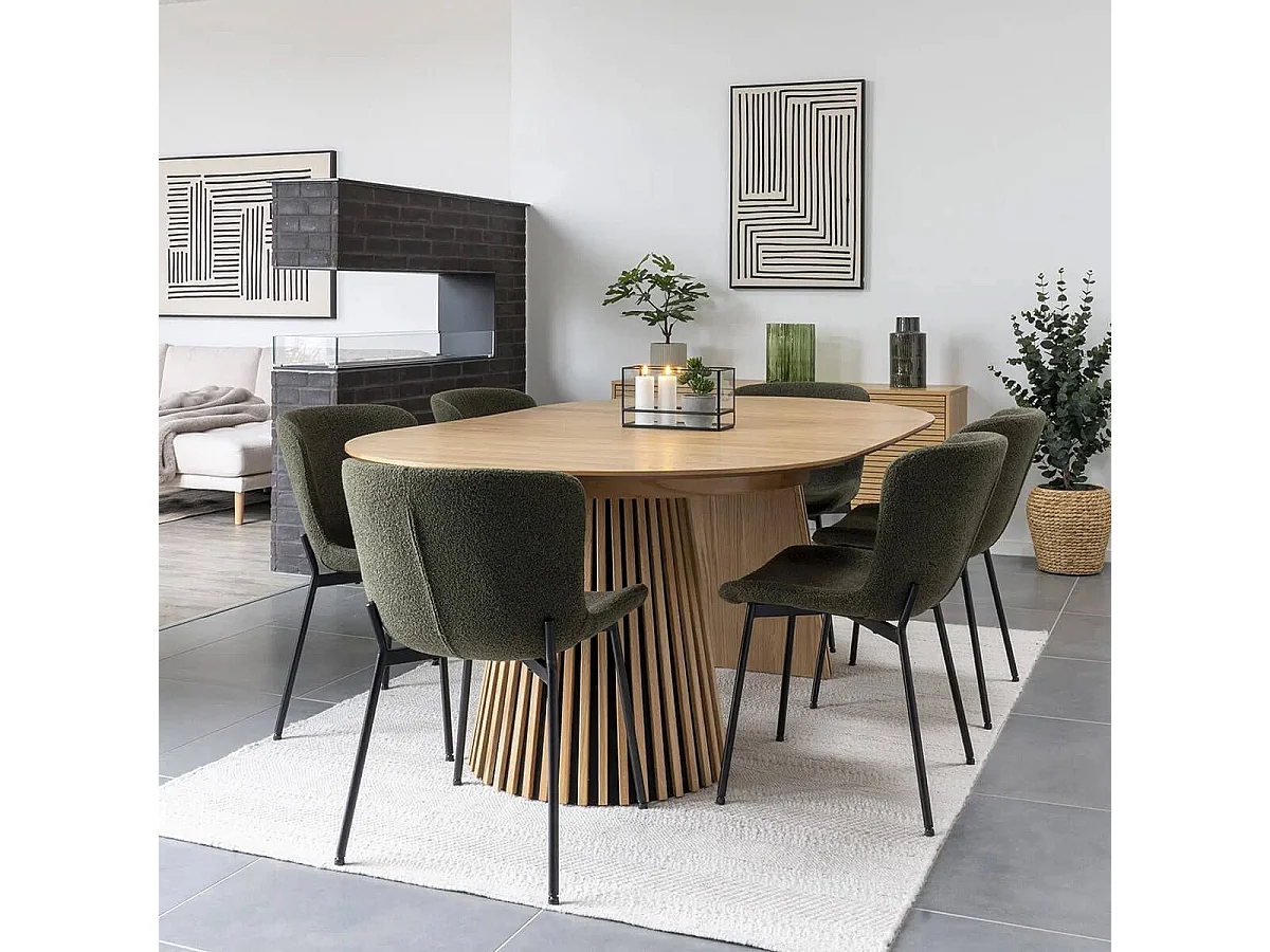 LESLI - Lot de 6 Chaises Tissu Bouclé Vert foncé Pieds Métal Noir