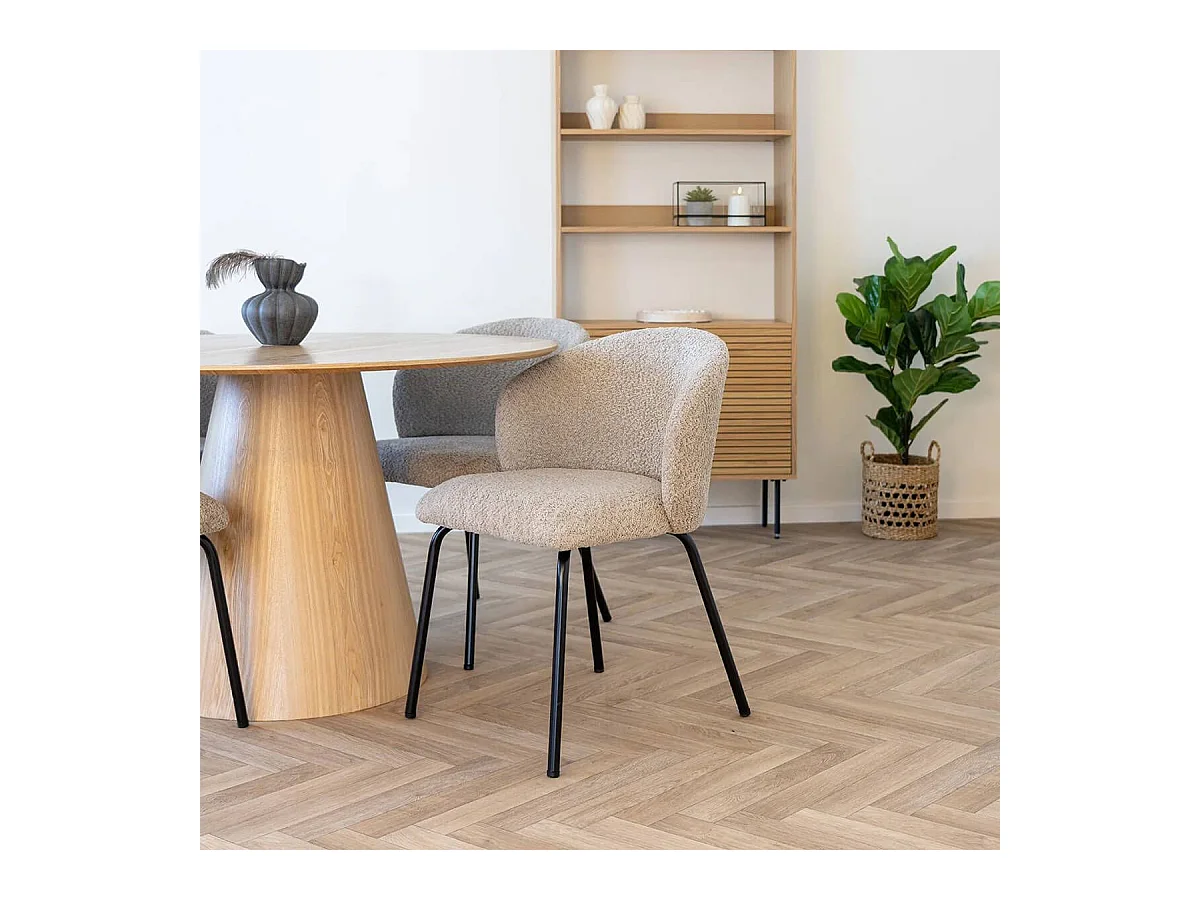 DALIDA - Lot de 6 Chaises Incurvées Tissu Bouclé Beige Pieds Métal Noir