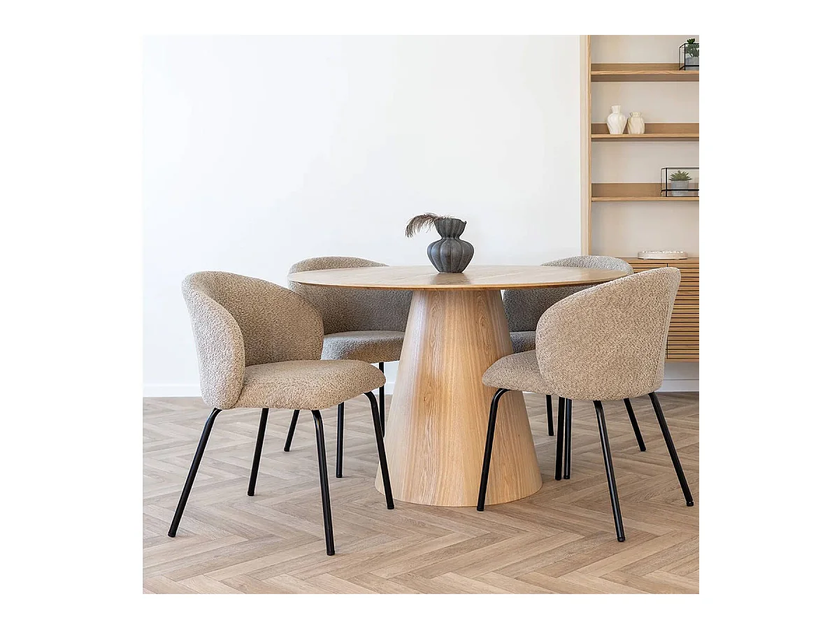 DALIDA - Lot de 6 Chaises Incurvées Tissu Bouclé Beige Pieds Métal Noir