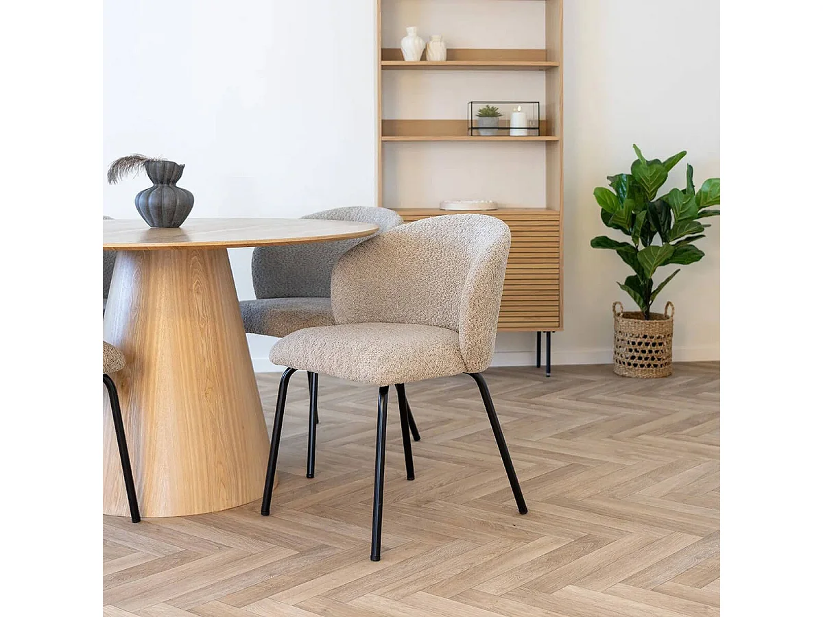 DALIDA - Lot de 6 Chaises Incurvées Tissu Bouclé Beige Pieds Métal Noir