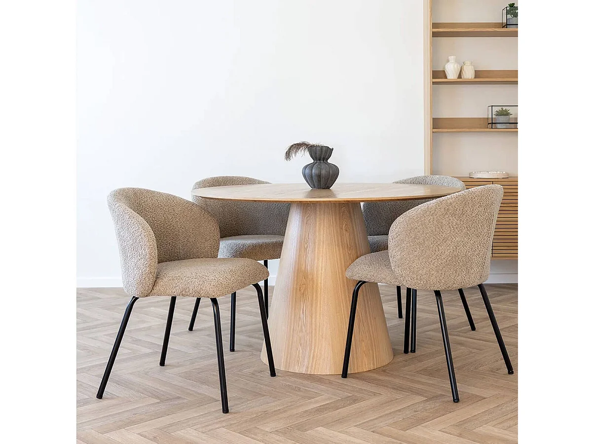 DALIDA - Lot de 6 Chaises Incurvées Tissu Bouclé Beige Pieds Métal Noir