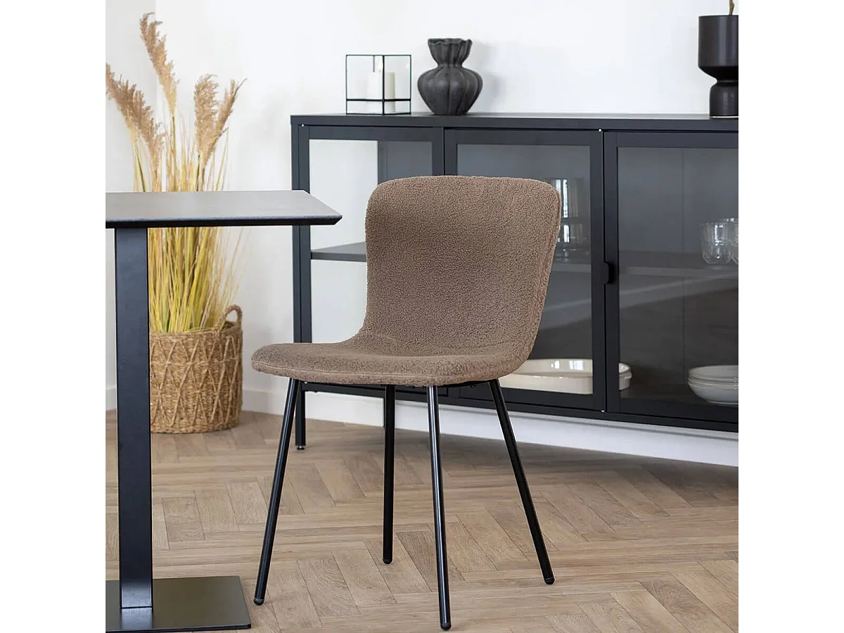 LASLO - Lot de 4 Chaises Tissu Bouclé Marron Pieds Métal Noir