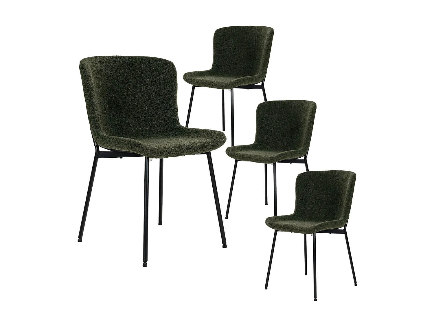 LESLI - Lot de 4 Chaises Tissu Bouclé Vert foncé Pieds Métal Noir