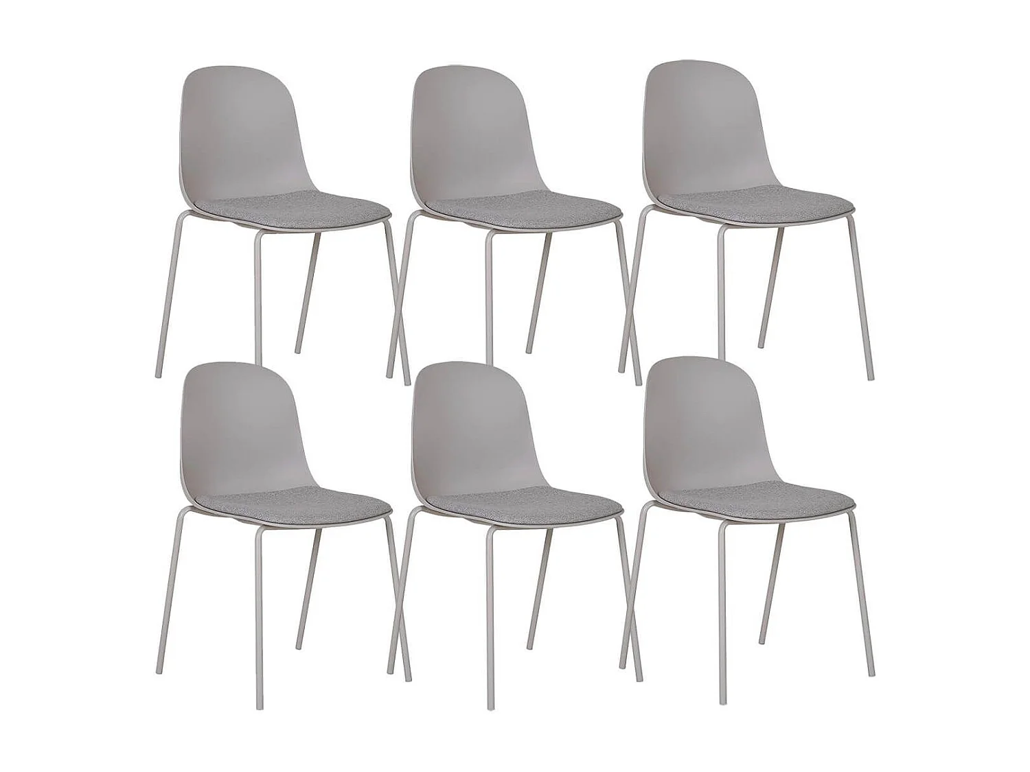 LENA - Lot de 6 Chaises Coque Polyester et Pieds Métal Gris Assise Mousse et Tissu