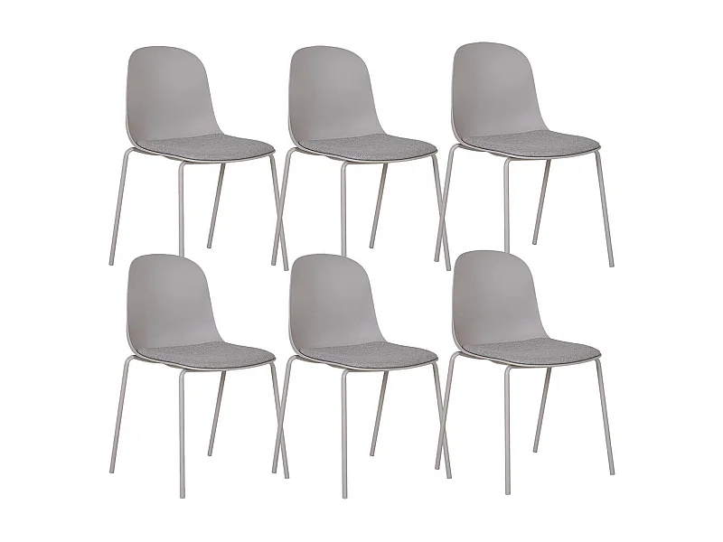 LENA - Lot de 6 Chaises Coque Polyester et Pieds Métal Gris Assise Mousse et Tissu