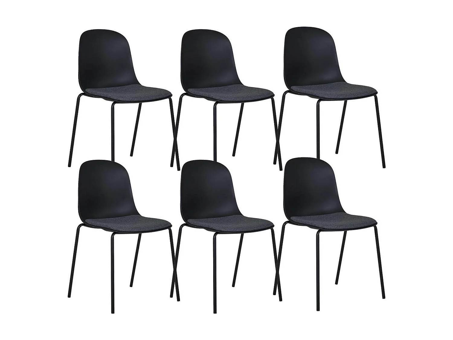 LENA - Lot de 6 Chaises Coque Polyester et Pieds Métal Noir Assise Mousse et Tissu