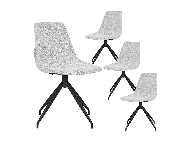 JACOB - Lot de 4 Chaises Tissu Bouclé Blanc Chiné Pied Pivotant Métal Noir