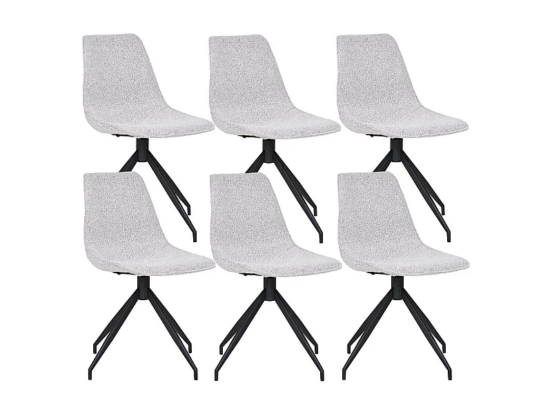 JACOB - Lot de 6 Chaises Tissu Bouclé Blanc Chiné Pied Pivotant Métal Noir