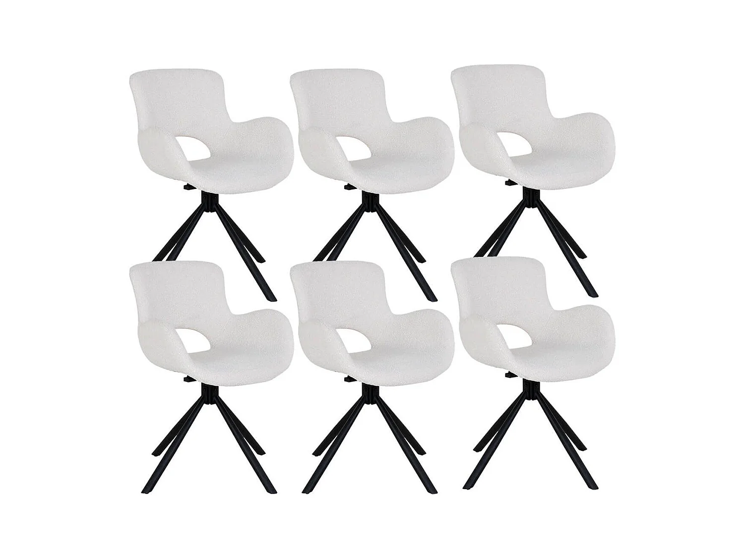 HERMOS - Lot de 6 Fauteuils de Table Tissu Bouclé Blanc Pied Pivotant Métal Noir