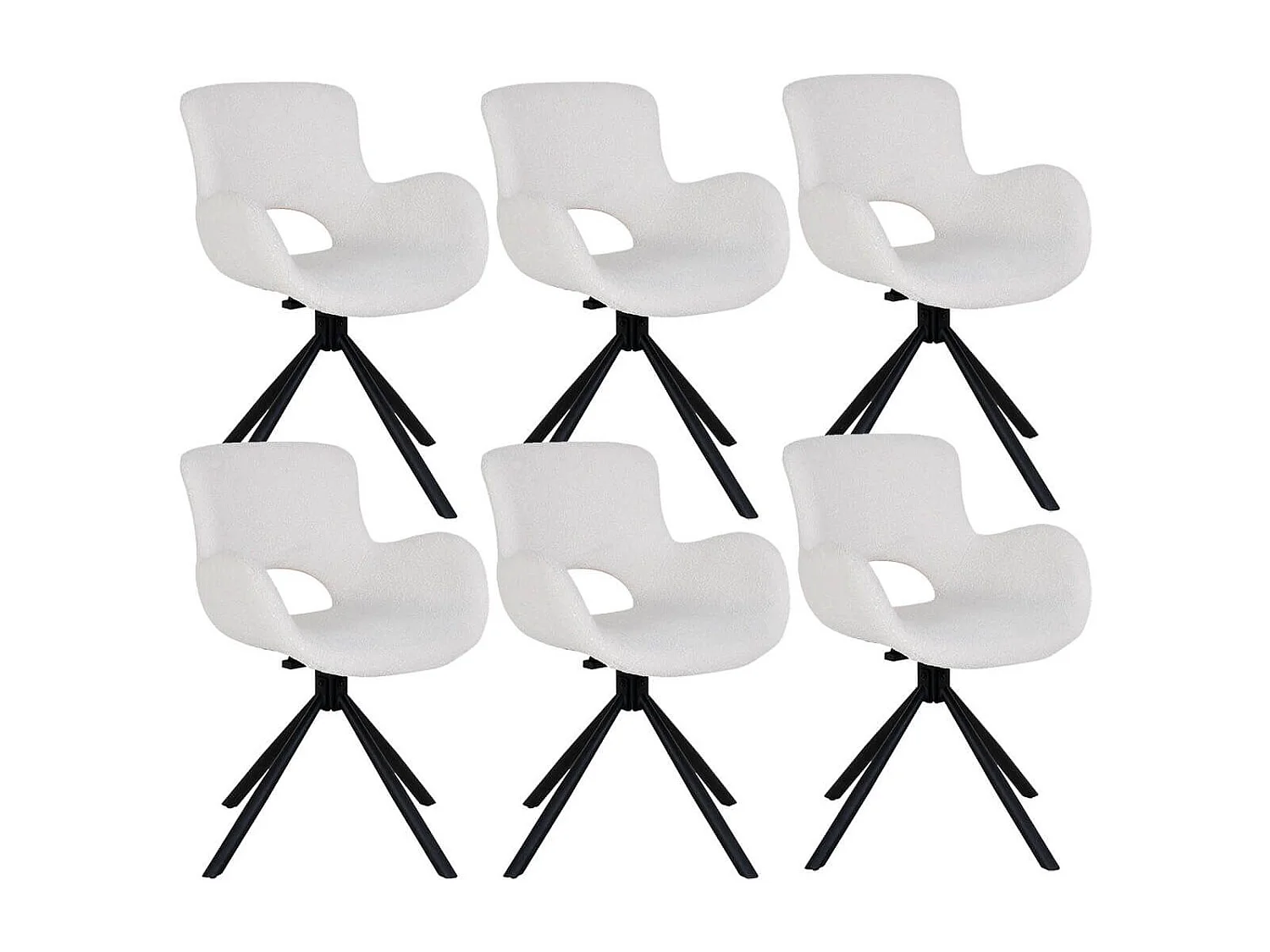HERMOS - Lot de 6 Fauteuils de Table Tissu Bouclé Blanc Pied Pivotant Métal Noir