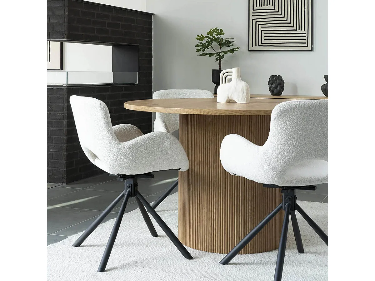 HERMOS - Lot de 6 Fauteuils de Table Tissu Bouclé Blanc Pied Pivotant Métal Noir