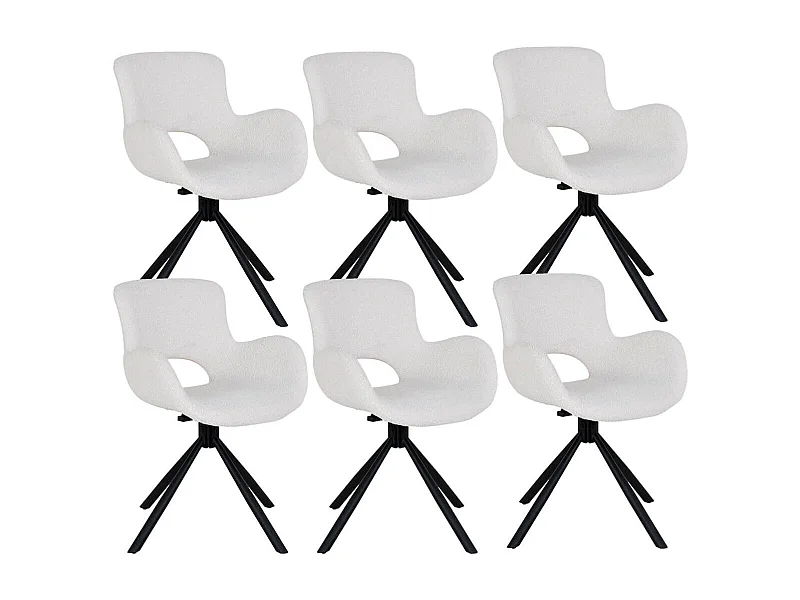 HERMOS - Lot de 6 Fauteuils de Table Tissu Bouclé Blanc Pied Pivotant Métal Noir