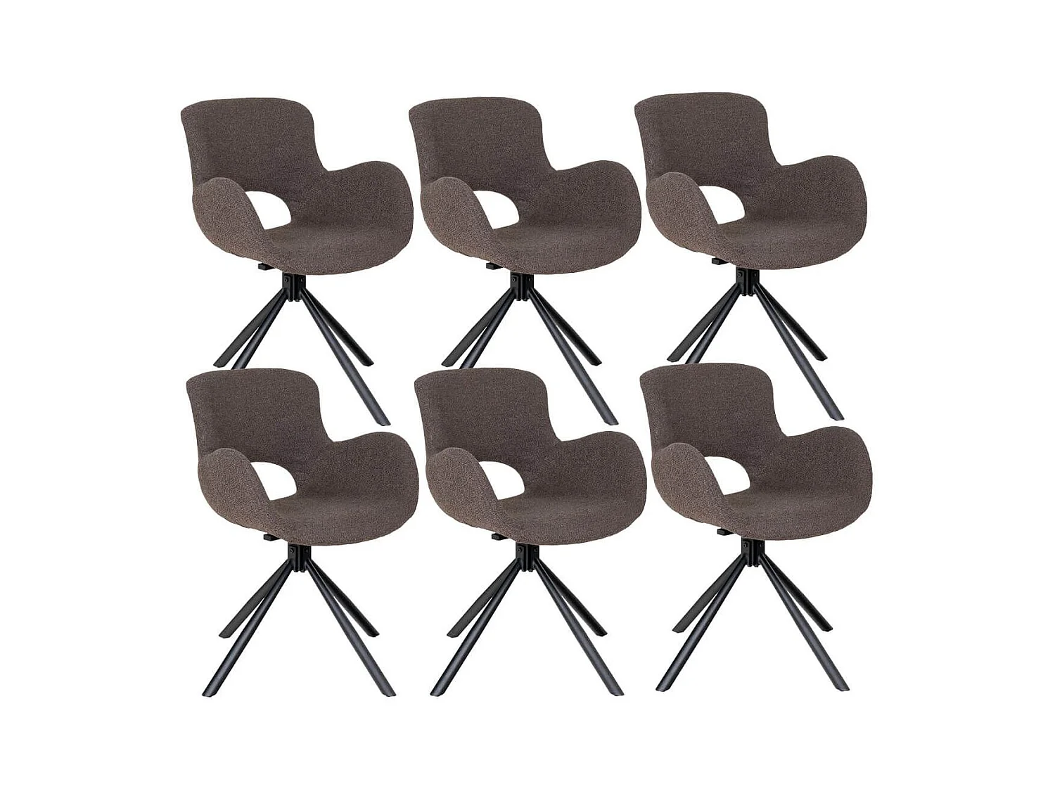 HERMOS - Lot de 6 Fauteuils de Table Tissu Bouclé Taupe Pied Pivotant Métal Noir