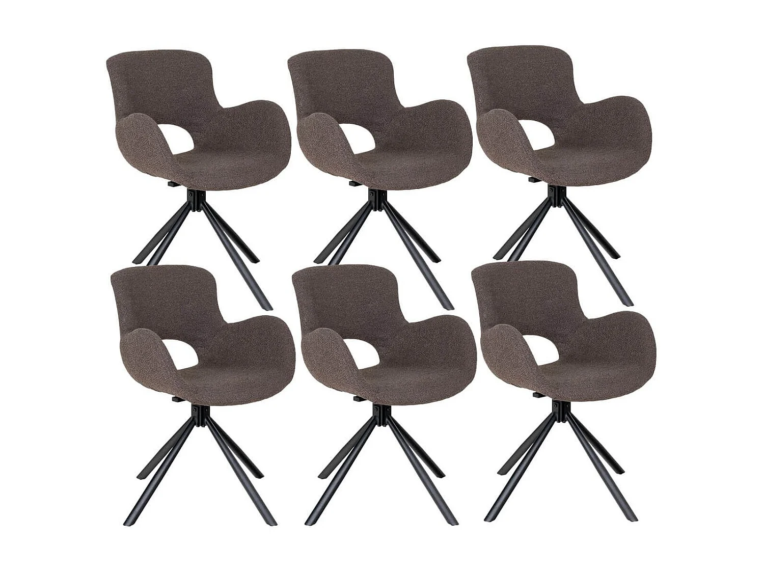 HERMOS - Lot de 6 Fauteuils de Table Tissu Bouclé Taupe Pied Pivotant Métal Noir