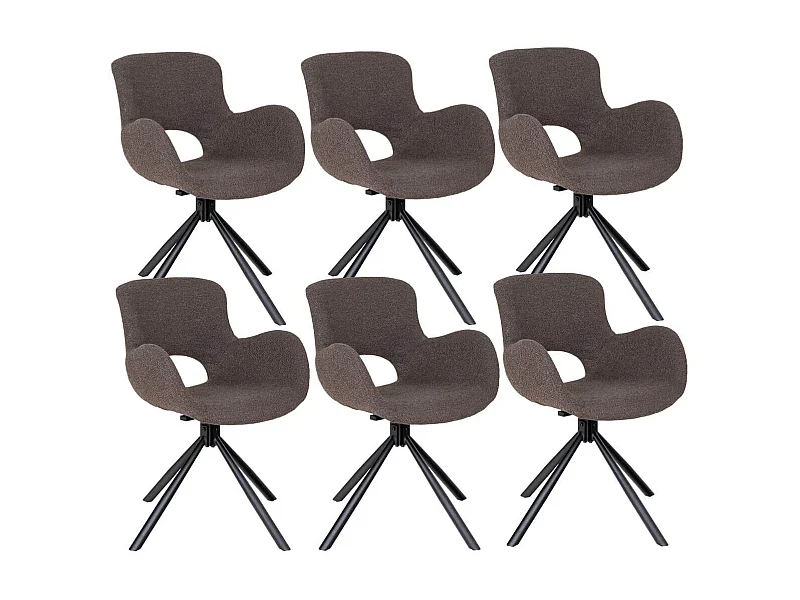 HERMOS - Lot de 6 Fauteuils de Table Tissu Bouclé Taupe Pied Pivotant Métal Noir