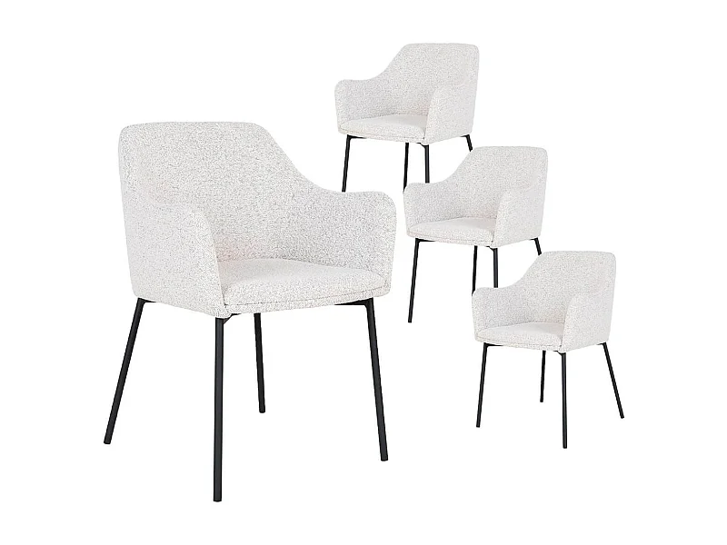 LOANA - Lot de 4 Fauteuils de Table Tissu Bouclé Blanc Chiné Pieds Métal Noir