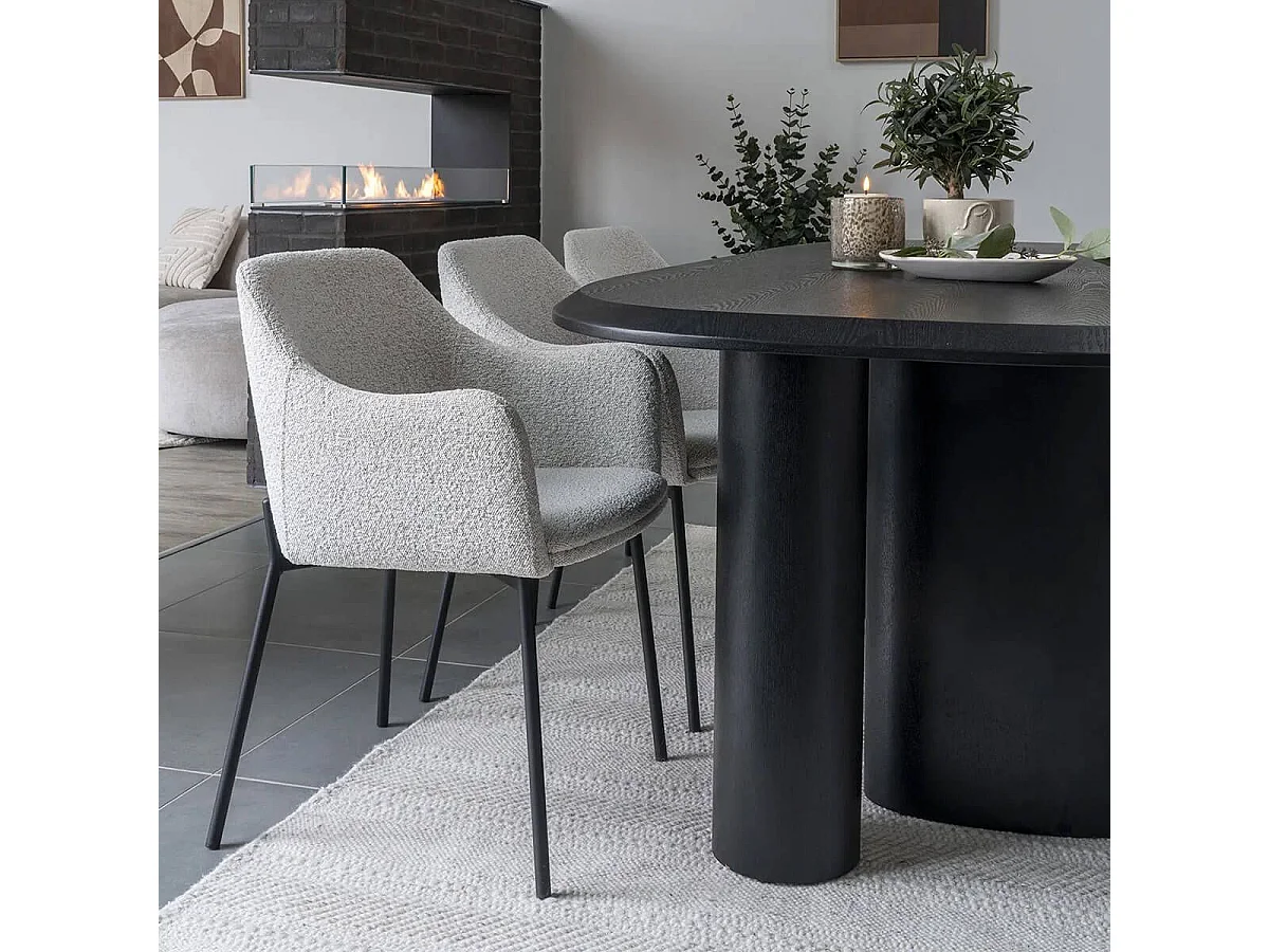 LOANA - Lot de 4 Fauteuils de Table Tissu Bouclé Blanc Chiné Pieds Métal Noir