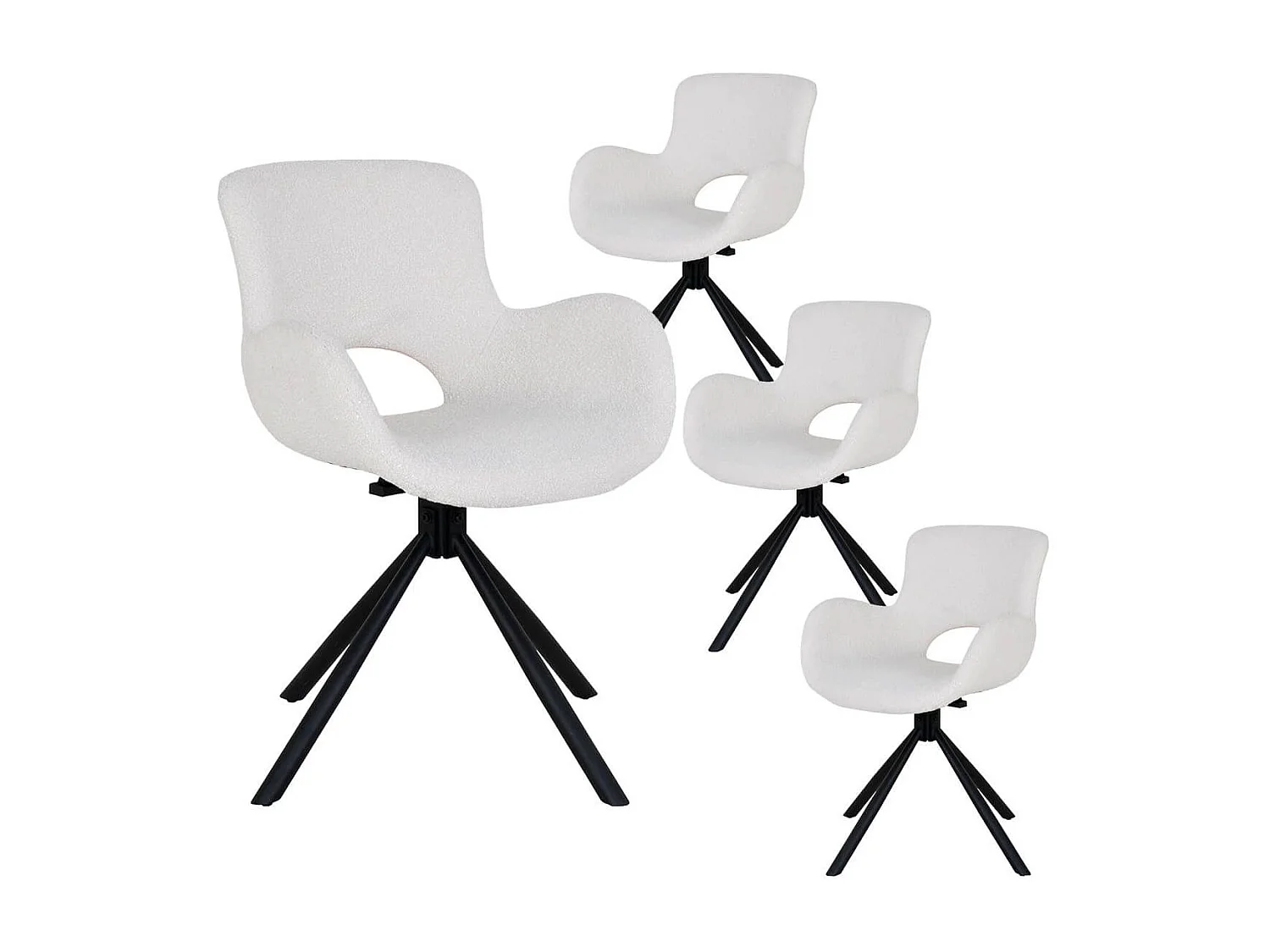 HERMOS - Lot de 4 Fauteuils de Table Tissu Bouclé Blanc Pied Pivotant Métal Noir