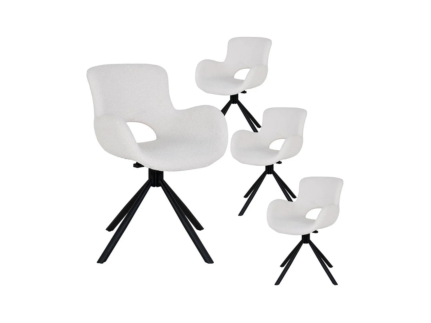 HERMOS - Lot de 4 Fauteuils de Table Tissu Bouclé Blanc Pied Pivotant Métal Noir